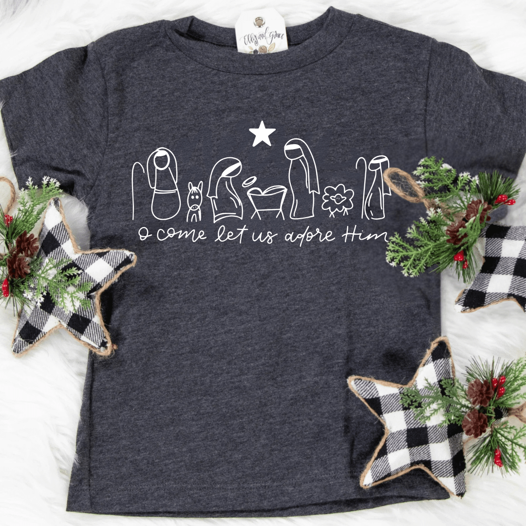 ellyandgrace 3321 Manger O Come Let Us Adore Him Unisex Toddler Shirt