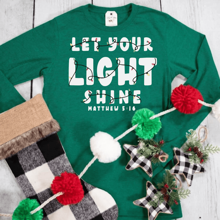 ellyandgrace 3501 Christmas Let Your Light Shine Multicolor Crew Long Sleeve Shirt