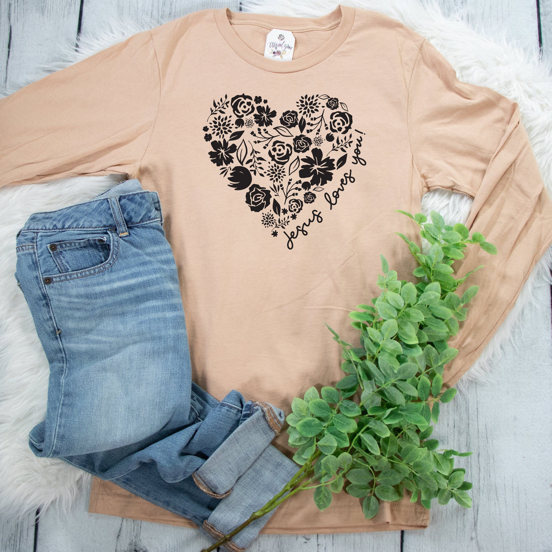 ellyandgrace 3501 Floral Jesus Loves You Crew Longsleeve