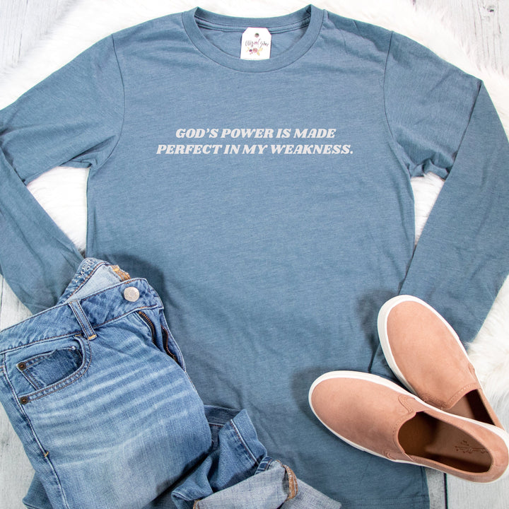 ellyandgrace 3501 God's Power Is Made Perfect Crew Longsleeve