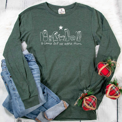 ellyandgrace 3501 Manger O Come Let Us Adore Him Crew Longsleeve