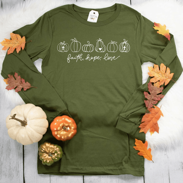 ellyandgrace 3501 Pumpkins Faith Hope Love Crew Longsleeve