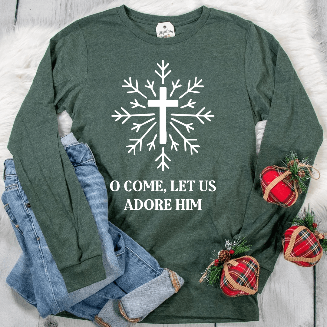ellyandgrace 3501 Snowflake O Come Let Us Adore Him Crew Longsleeve