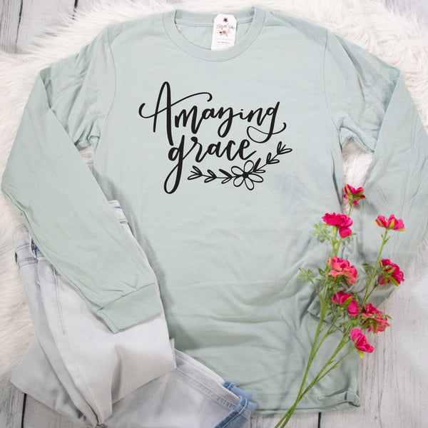 ellyandgrace 3501 Unisex Small / Heather Dusty Blue Amazing Grace Crew Longsleeve