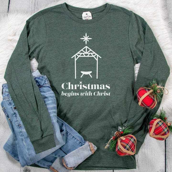 ellyandgrace 3501 Unisex Small / Heather Forest Christmas Begins with Christ Crew Longsleeve