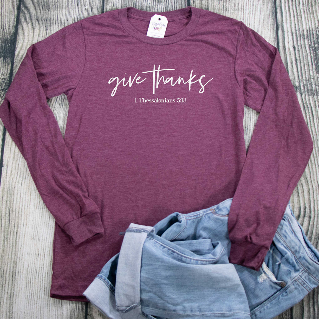 ellyandgrace 3501 Unisex Small / Maroon Triblend Give Thanks Crew Longsleeve
