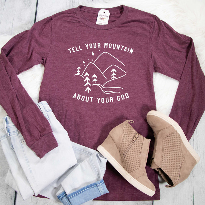 ellyandgrace 3501 Unisex Small / Maroon Triblend Tell Your Mountain About Your God Crew Longsleeve