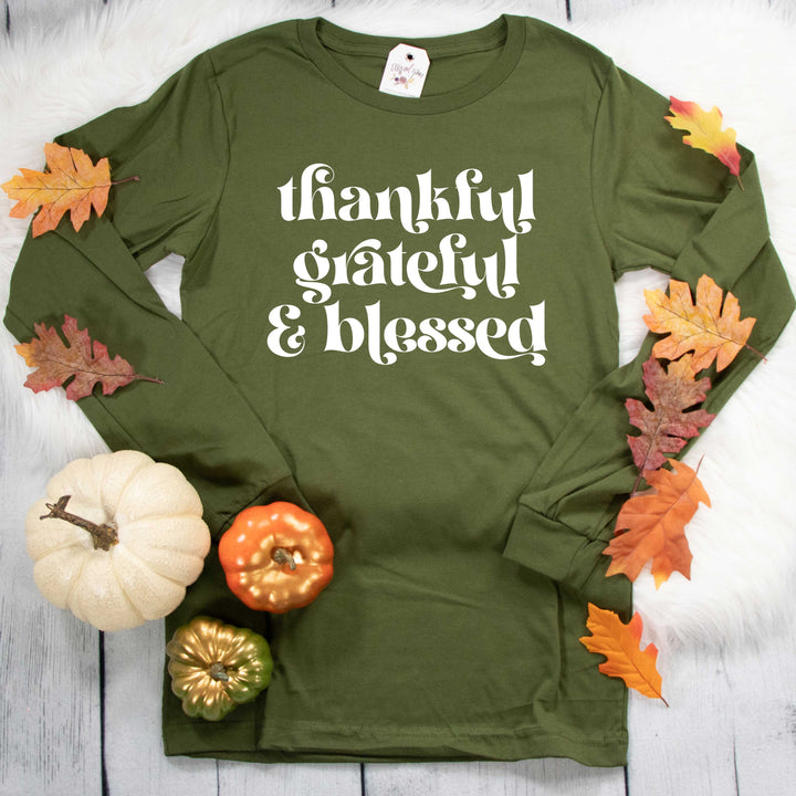 ellyandgrace 3501 Unisex Small / Olive Thankful Grateful & Blessed Crew Longsleeve