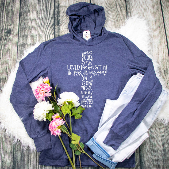 ellyandgrace 3512 Unisex XS / Heather Navy Floral John 3:16 Cross T-Shirt Hoodie