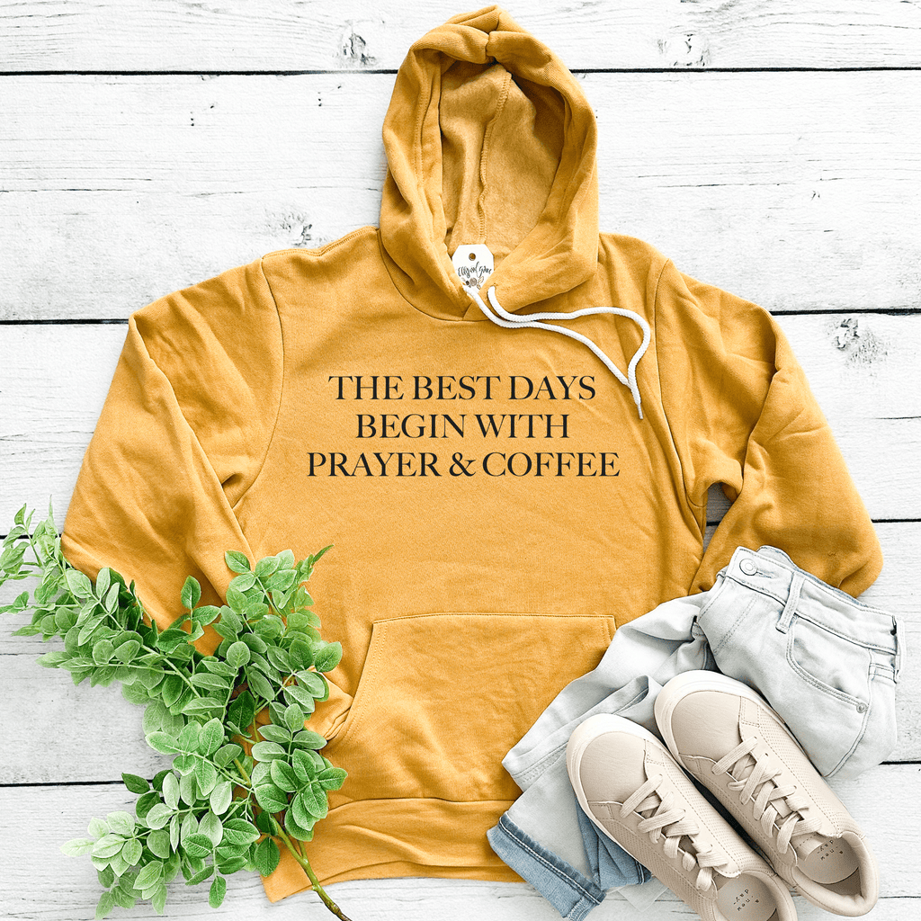 ellyandgrace The Best Days Begin with Prayer and Coffee Fall Premium Fleece Hoodie Unisex 2XL Heather Forest