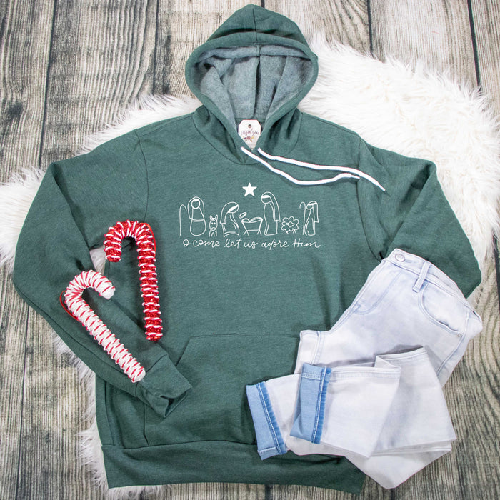 ellyandgrace 3719 Unisex Small / Heather Forest Manger O Come Let Us Adore Him  Premium Fleece Hoodie