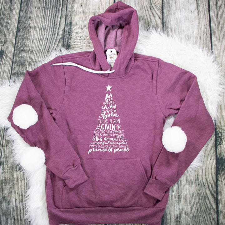 ellyandgrace 3719 Unisex Small / Heather Maroon For Unto Us Tree Premium Fleece Hoodie