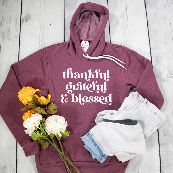 ellyandgrace 3719 Unisex Small / Heather Maroon Thankful Grateful & Blessed Premium Fleece Hoodie