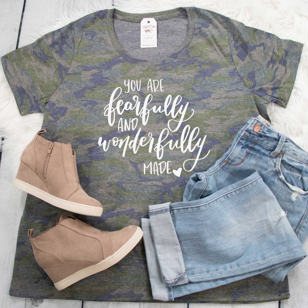 ellyandgrace 3816 1 (14-16) / Vintage Camo You Are Fearfully and Wonderfully Made Scoop Neck Curvy Tee