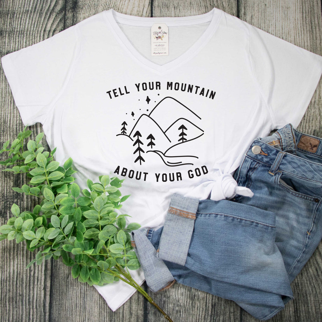 ellyandgrace 3817 1 (14-16) / White Blend Tell Your Mountain About Your God V-Neck Curvy Tee