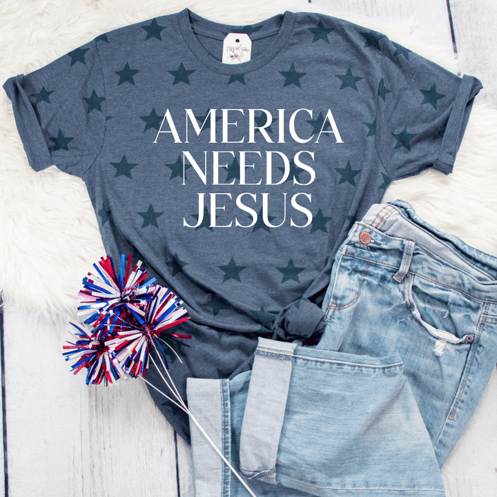 ellyandgrace 3929 America Needs Jesus Unisex Star Tee