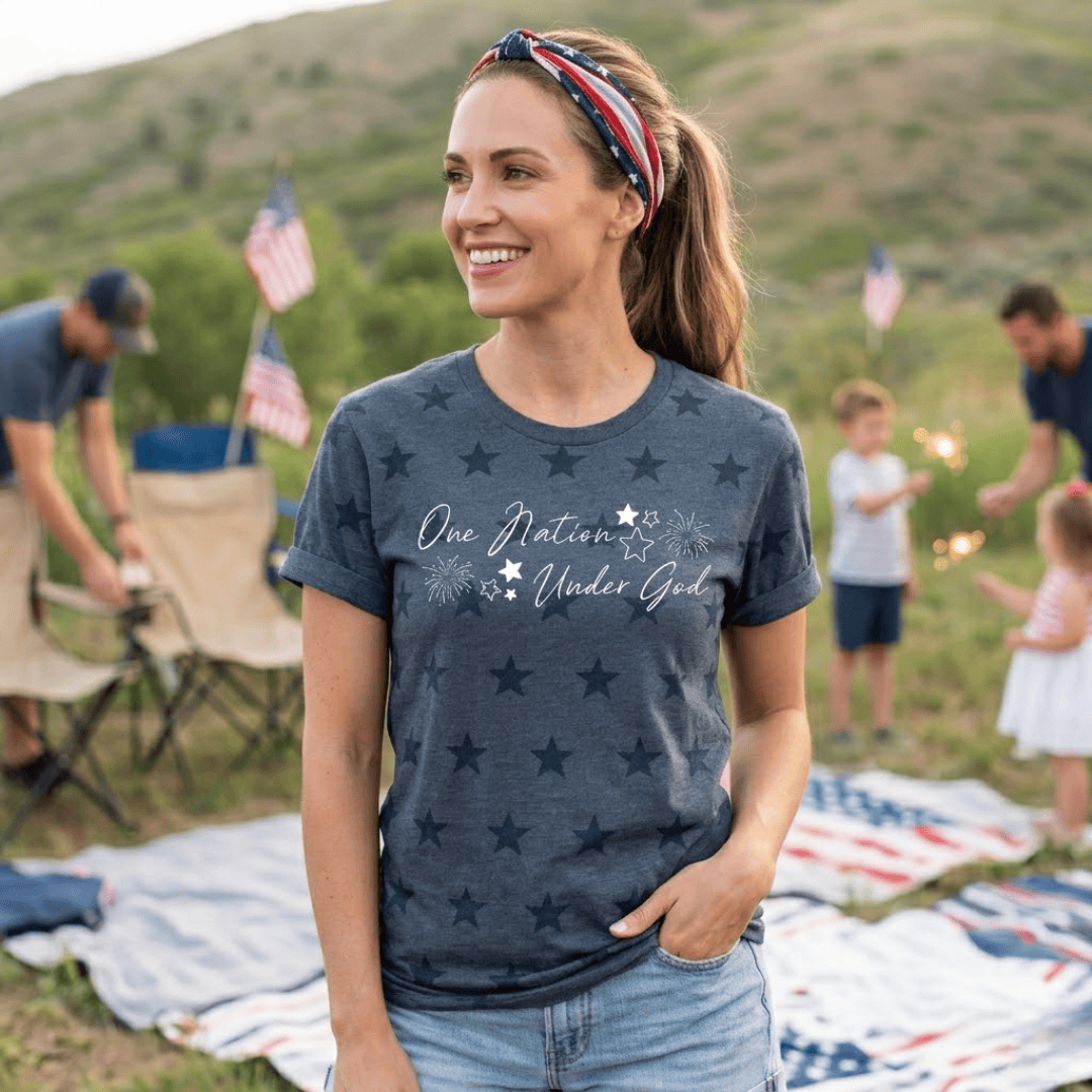 ellyandgrace 3929 Fireworks- One Nation Under God Unisex Star Tee