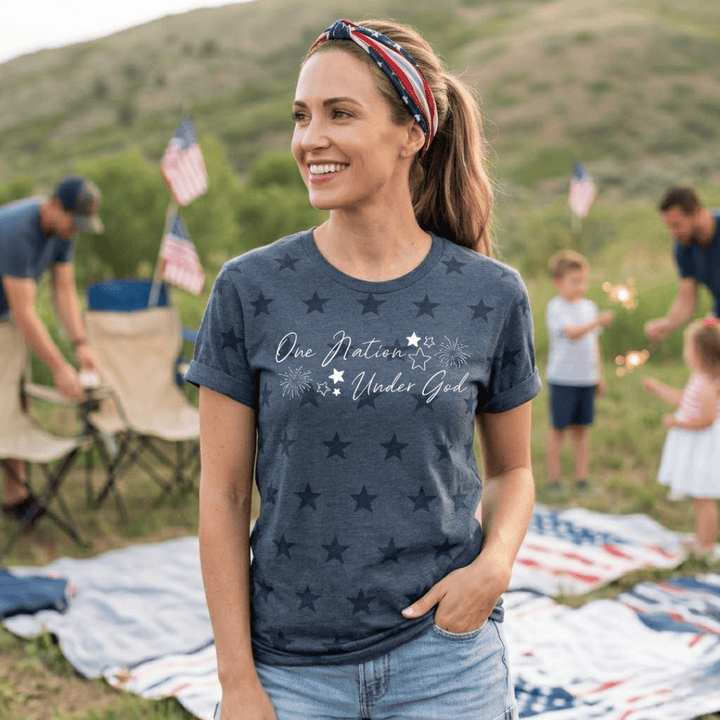 ellyandgrace 3929 Fireworks- One Nation Under God Unisex Star Tee