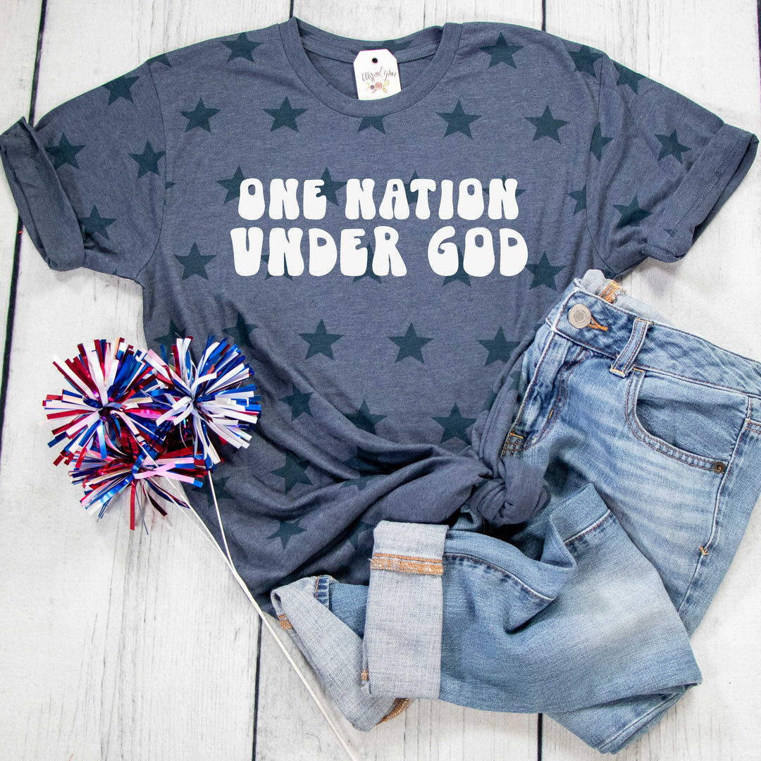 ellyandgrace 3929 Unisex Small / Denim One Nation Under God Retro Star Unisex Tee