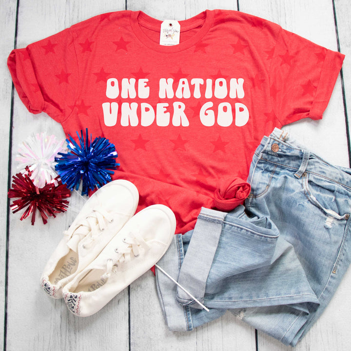 ellyandgrace 3929 Unisex Small / Red One Nation Under God Retro Star Unisex Tee