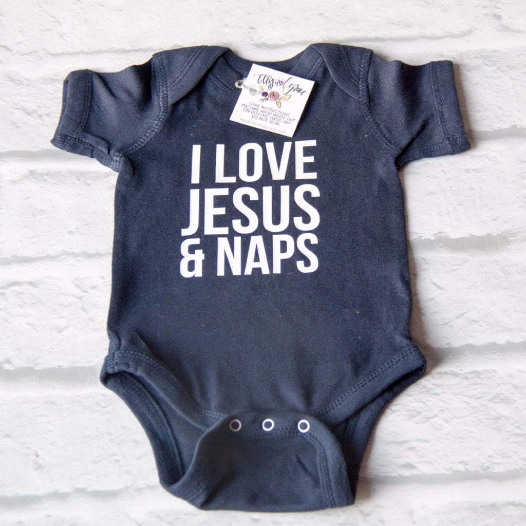 ellyandgrace 4400 Newborn / Navy I Love Jesus and Naps Infant Bodysuit