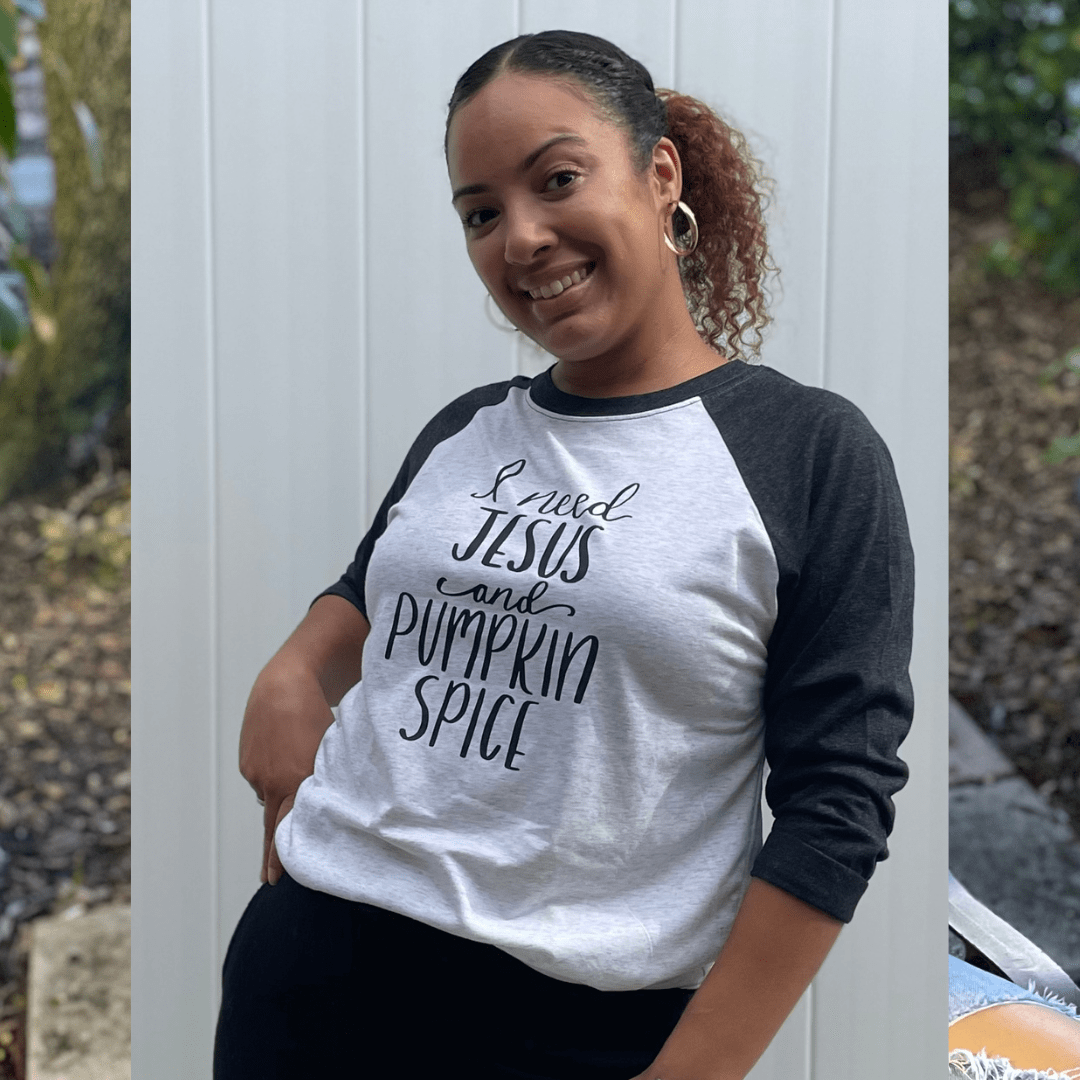 ellyandgrace 6051 I Need Jesus and Pumpkin Spice Raglan