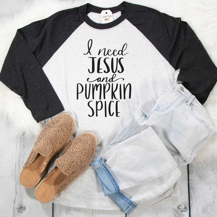 ellyandgrace 6051 Unisex XS / Black/White I Need Jesus and Pumpkin Spice Raglan