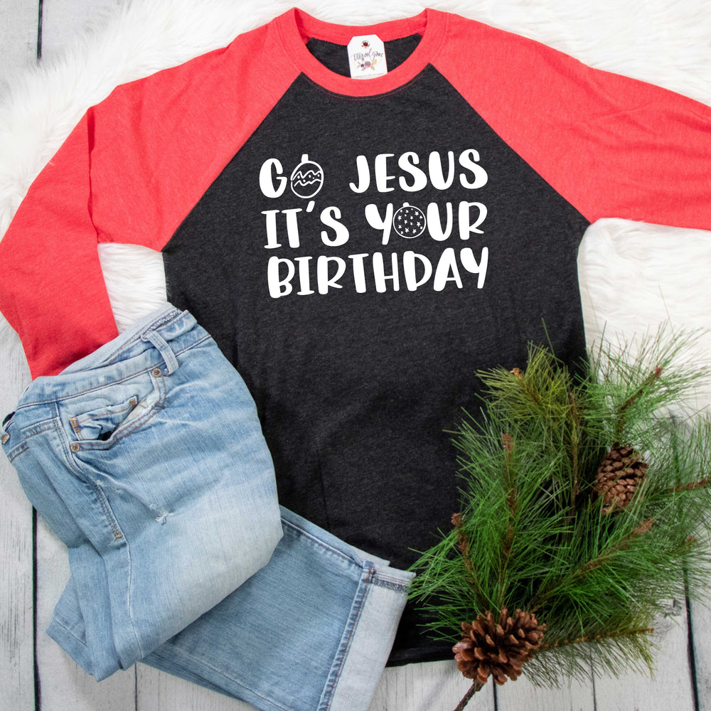 ellyandgrace 6051 Unisex XS / Red/Black Go Jesus, It's Your Birthday Raglan