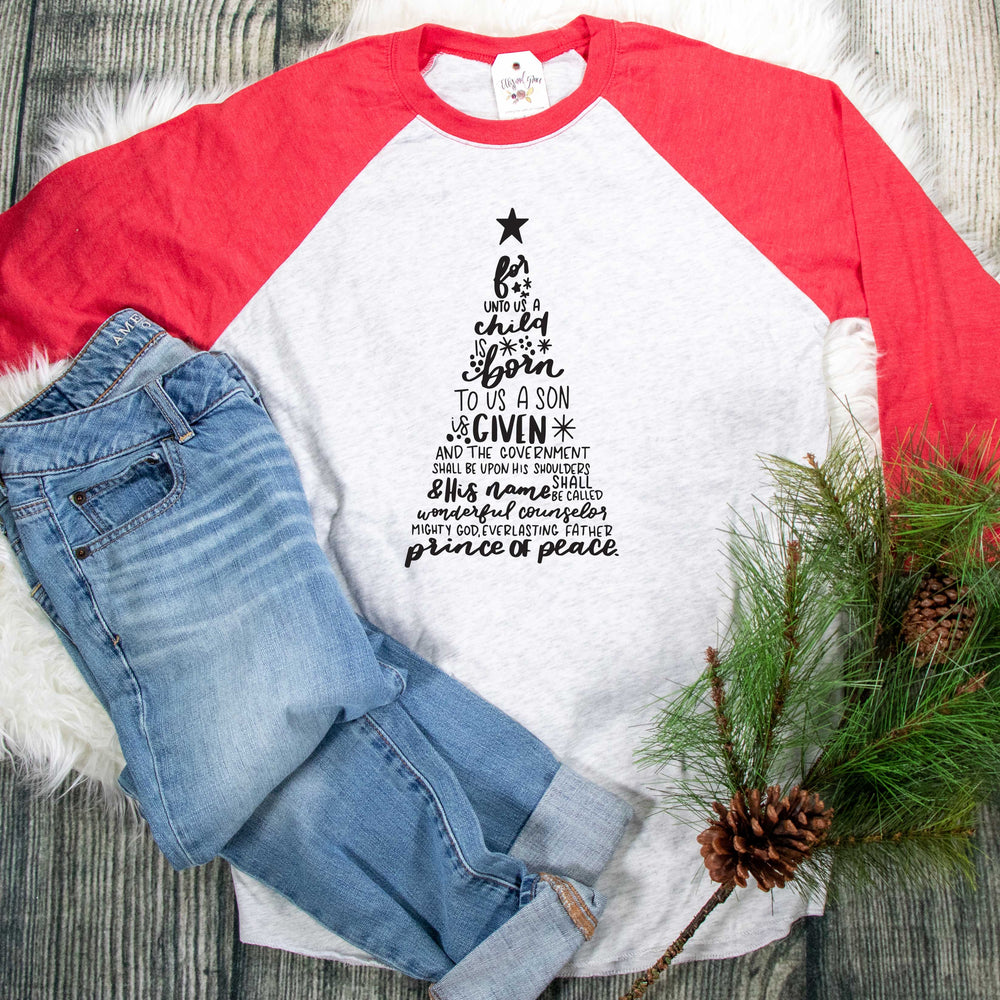 ellyandgrace 6051 Unisex XS / Red/White For Unto Us Tree Raglan