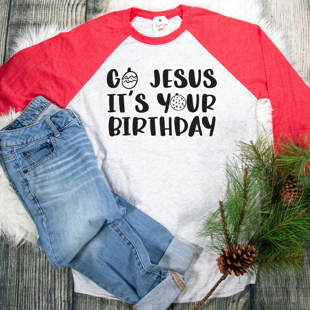 ellyandgrace 6051 Unisex XS / Red/White Go Jesus, It's Your Birthday Raglan