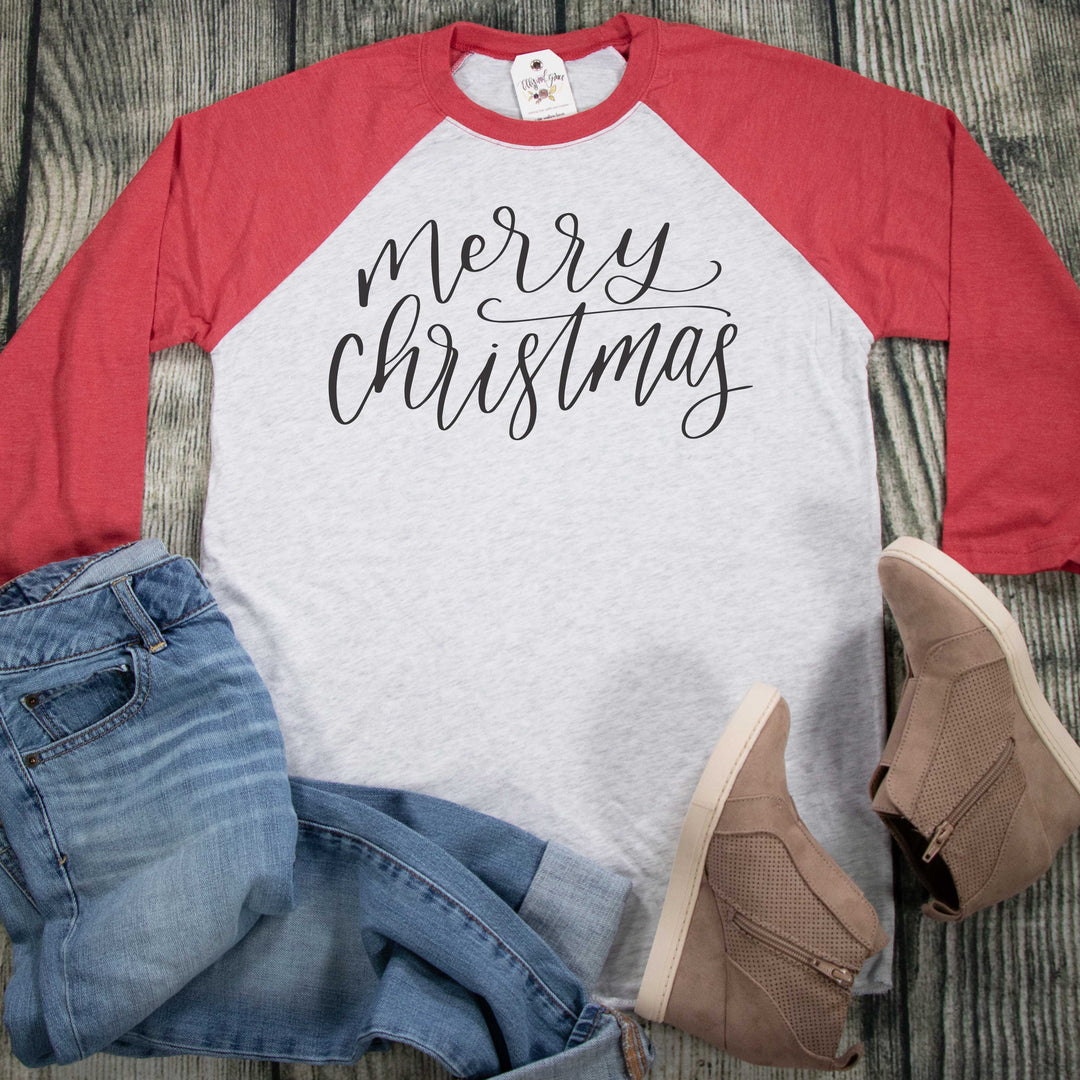 ellyandgrace 6051 Unisex XS / Red/White Merry Christmas Raglan