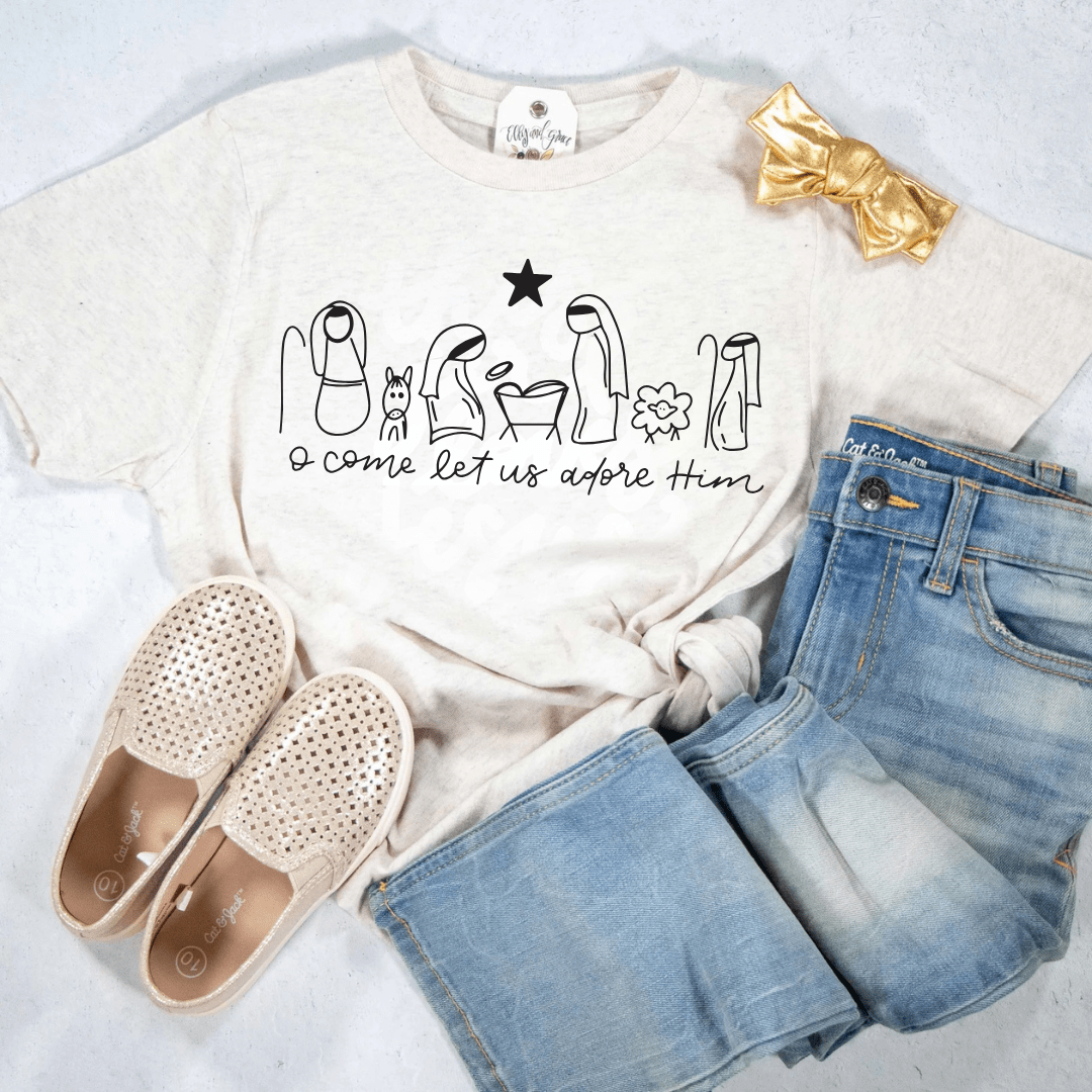 ellyandgrace 6101 Manger O Come Let Us Adore Him Unisex Youth Shirt