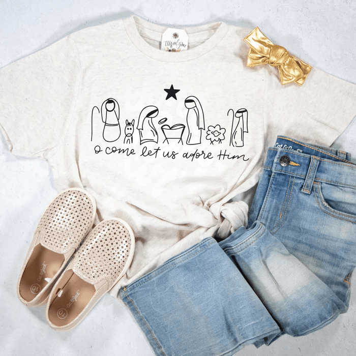 ellyandgrace 6101 Manger O Come Let Us Adore Him Unisex Youth Shirt