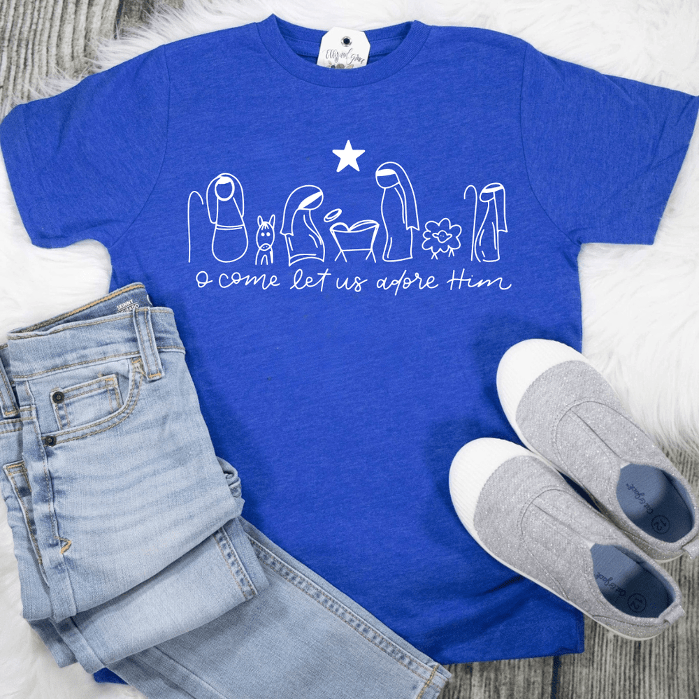 ellyandgrace 6101 Manger O Come Let Us Adore Him Unisex Youth Shirt