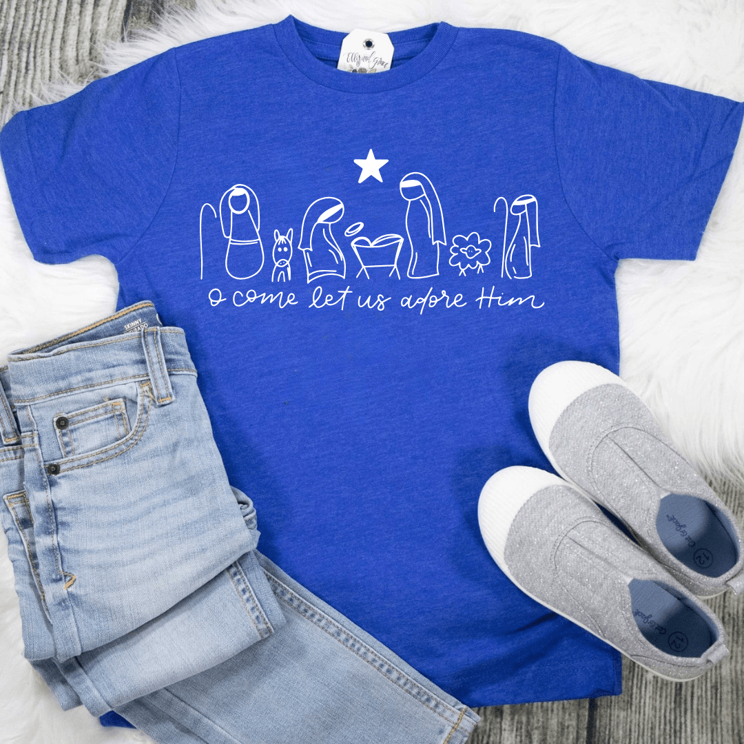 ellyandgrace 6101 Manger O Come Let Us Adore Him Unisex Youth Shirt