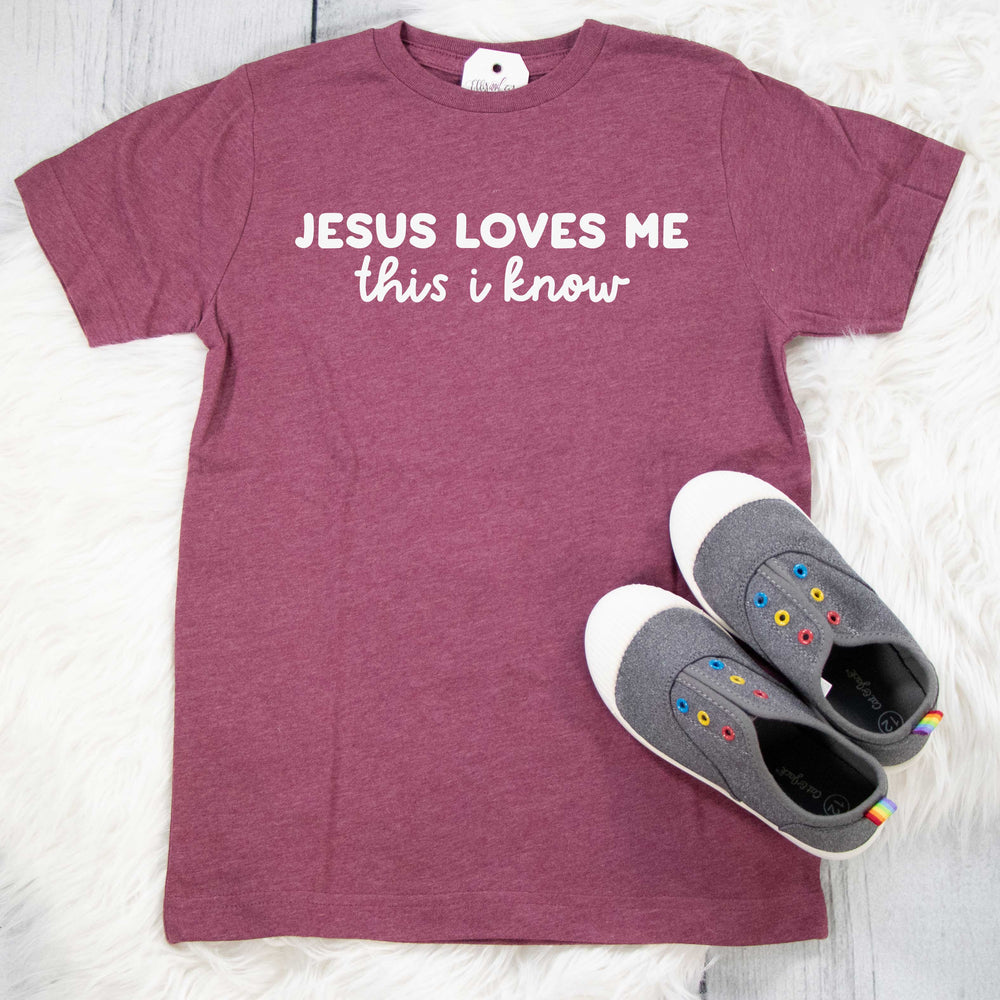 ellyandgrace 6101 Unisex Youth Medium / Vintage Burgundy Jesus Loves Me This I Know Unisex Youth Shirt