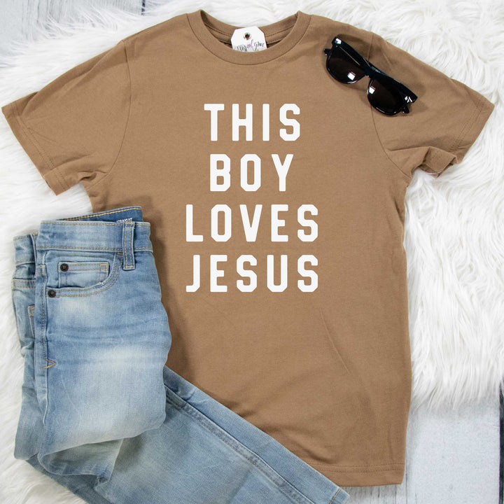 ellyandgrace 6101 Unisex Youth Small / Coyote Brown This Boy Loves Jesus Unisex Youth Shirt