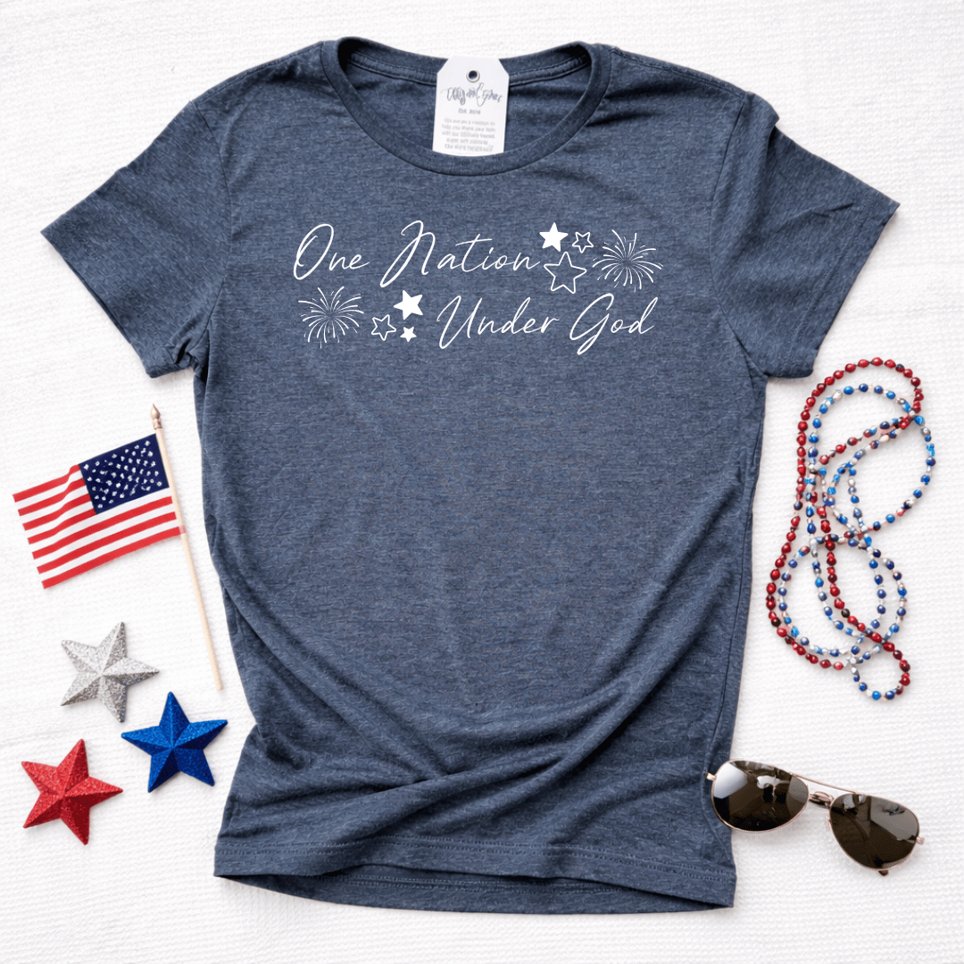 ellyandgrace 64000L Fireworks- One Nation Under God Ladies Fit Short Sleeve Shirt