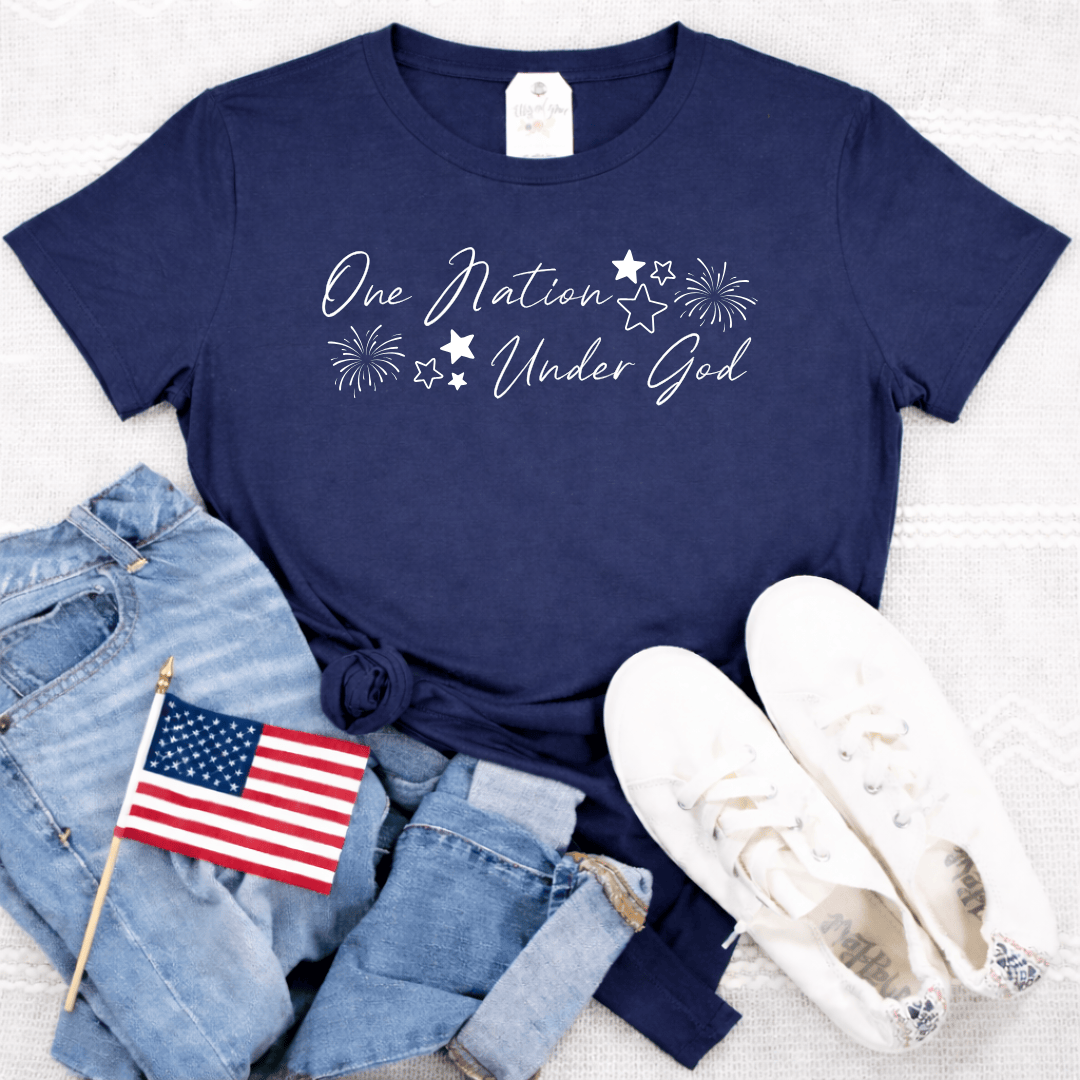ellyandgrace 64000L Fireworks- One Nation Under God Ladies Fit Short Sleeve Shirt