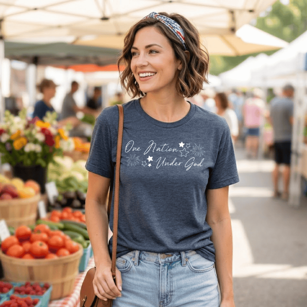 ellyandgrace 64000L Fireworks- One Nation Under God Ladies Fit Short Sleeve Shirt