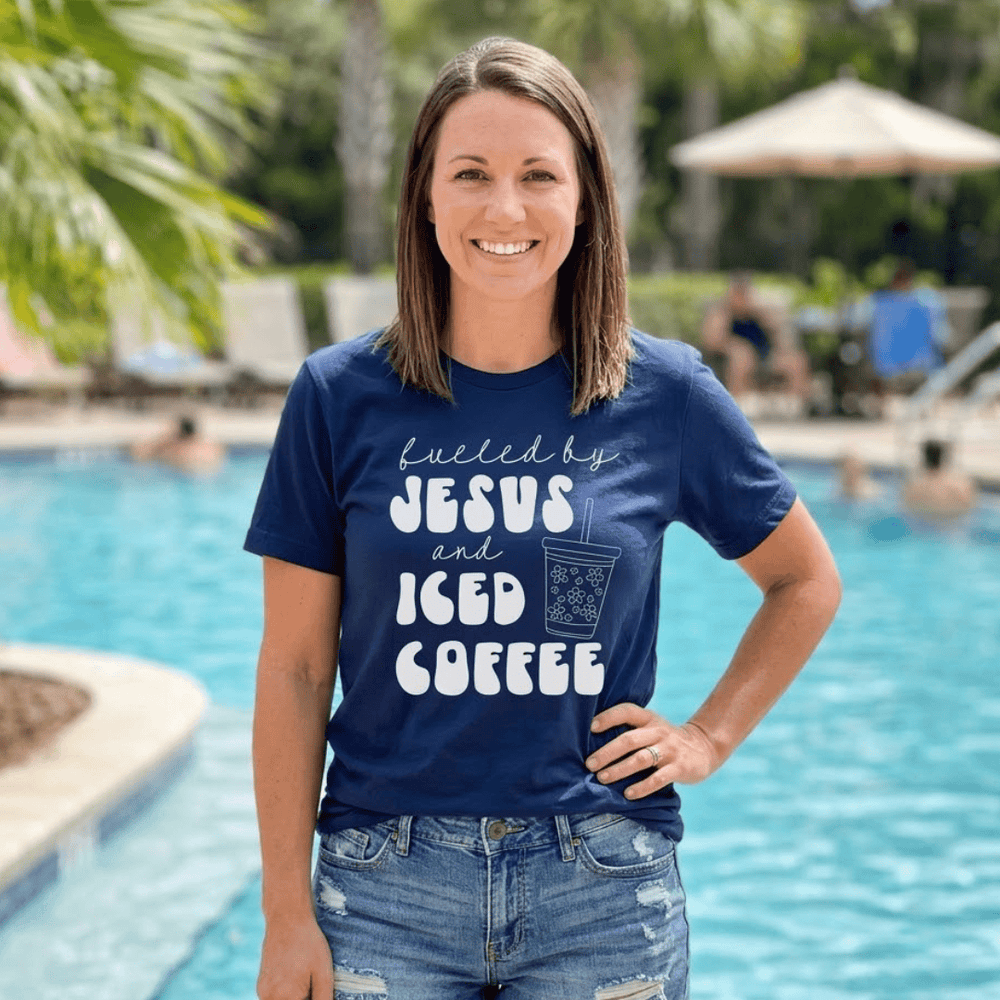 ellyandgrace 64000L Fueled By Jesus And Coffee Ladies Fit Short Sleeve Shirt