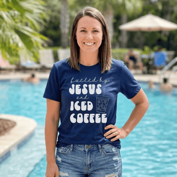 ellyandgrace 64000L Fueled By Jesus And Coffee Ladies Fit Short Sleeve Shirt