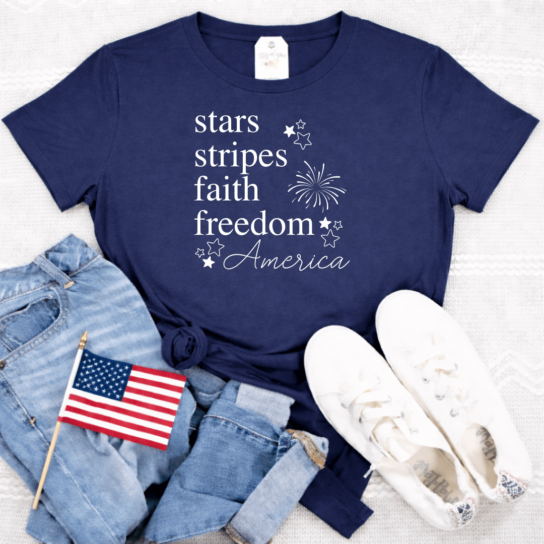ellyandgrace 64000L Stars + Stripes Ladies Fit Short Sleeve Shirt
