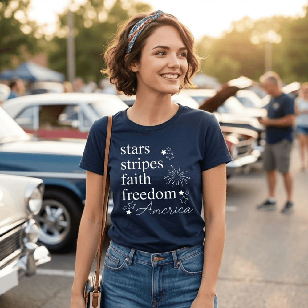 ellyandgrace 64000L Stars + Stripes Ladies Fit Short Sleeve Shirt