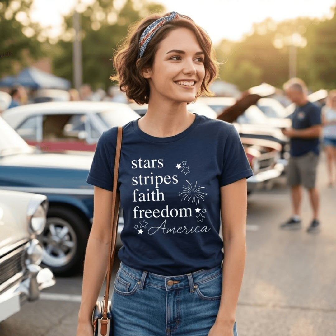 ellyandgrace 64000L Stars + Stripes Ladies Fit Short Sleeve Shirt