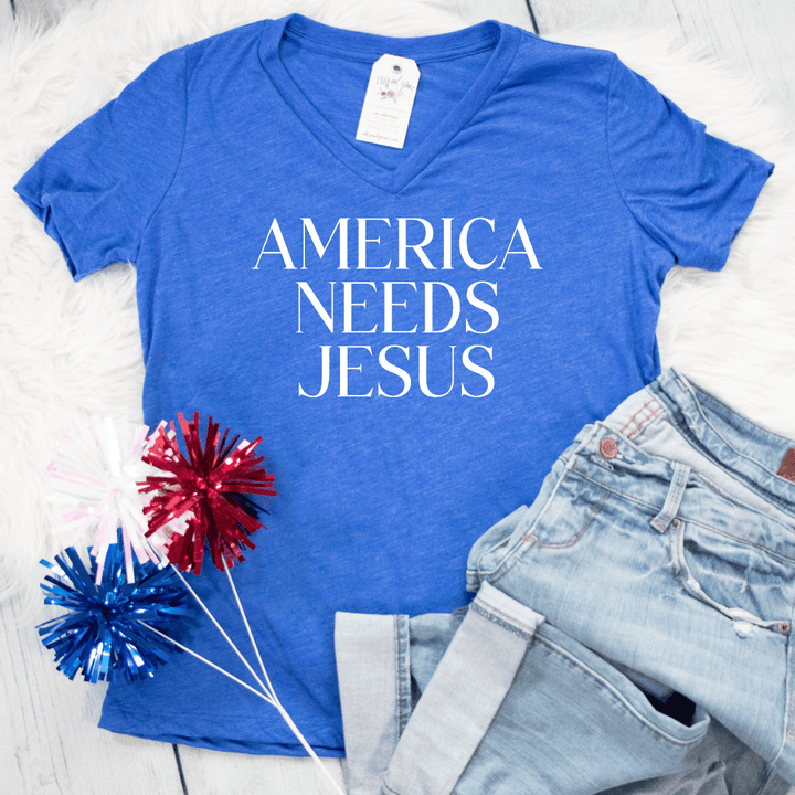 ellyandgrace 6405 America Needs Jesus Ladies V-Neck