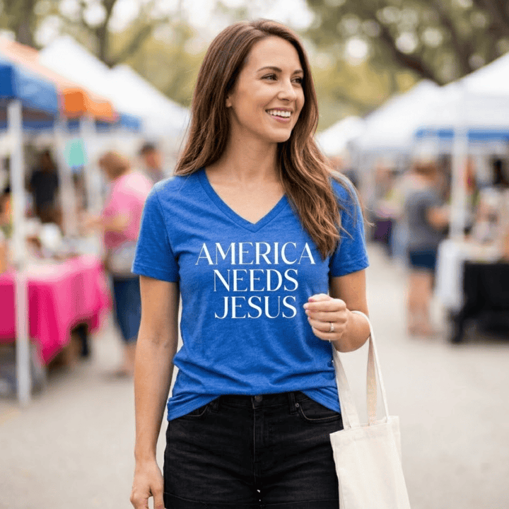 ellyandgrace 6405 America Needs Jesus Ladies V-Neck