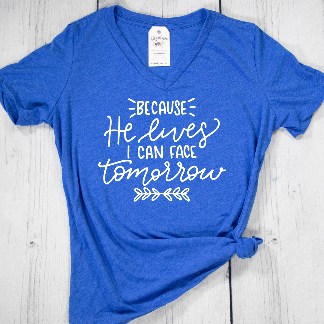 ellyandgrace 6405 Because He Lives Short Sleeve V-neck