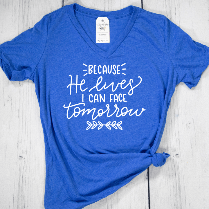 ellyandgrace 6405 Because He Lives Short Sleeve V-neck