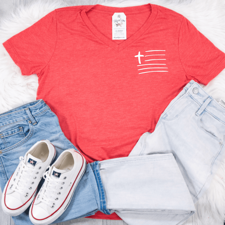 ellyandgrace 6405 Cross Flag Ladies V-Neck